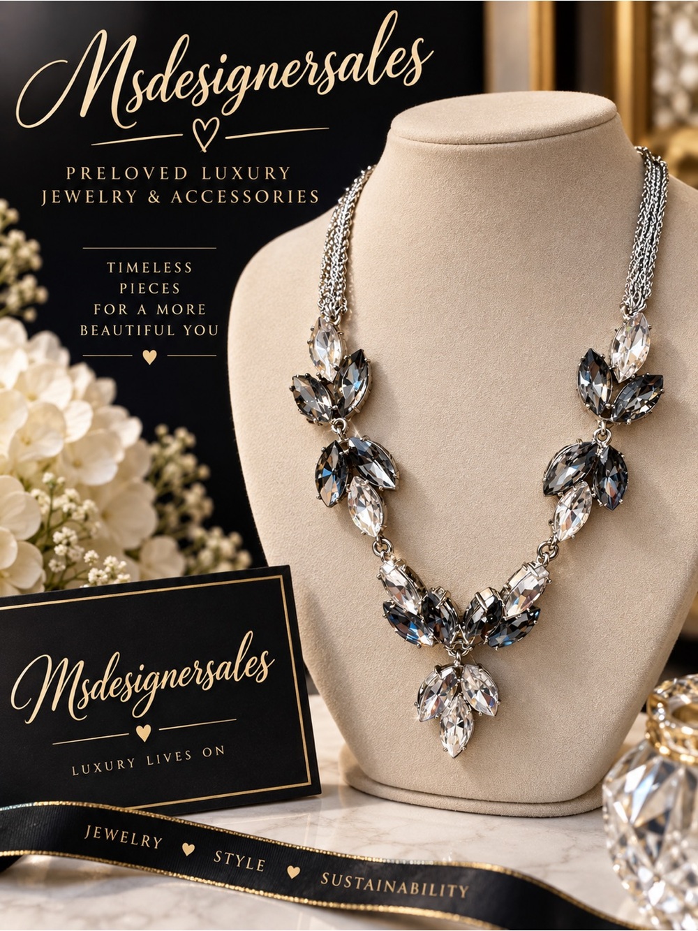 Silver and Smoky Crystal Statement Necklace